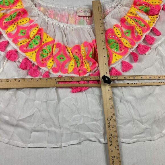 Miss June Paris White Boho Tassel Crop Top S/M Embroidered Festival Resort Shirt - Picture 5 of 10